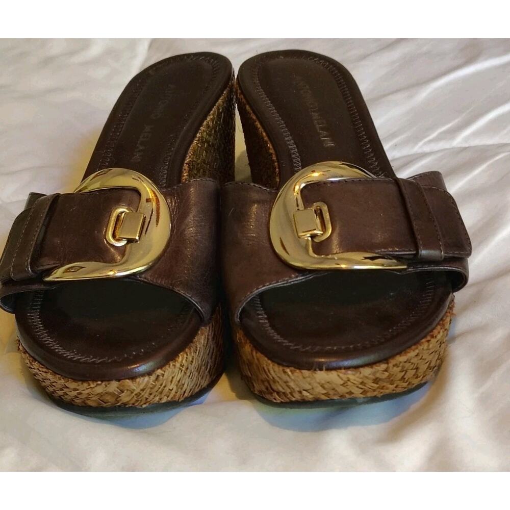 Antonio Melani Brown Leather Wedge Slide Sandals Gold Buckle Straw Heel Size 7M - Picture 4 of 7